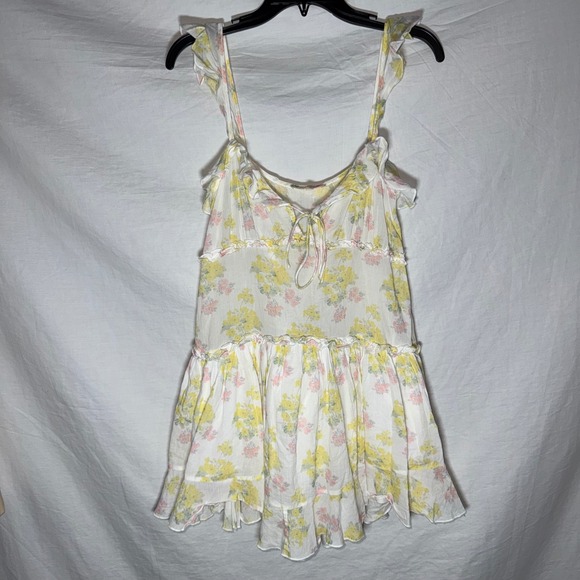 LoveShackFancy Dresses & Skirts - LoveShackFancy Yellow Floral Cotton Tiered Mini Dress Ruffle Straps Size Small
